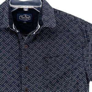 Nat Nast Luxury Originals Mens Med Shirt Navy Blue Silk Cotton Geometric Zig Zag